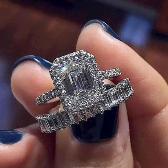 💎Engagement Radiant CZ Micro Pave Silver Plated Wedding Ring Set, UNVN12329 - Picture 2 of 10